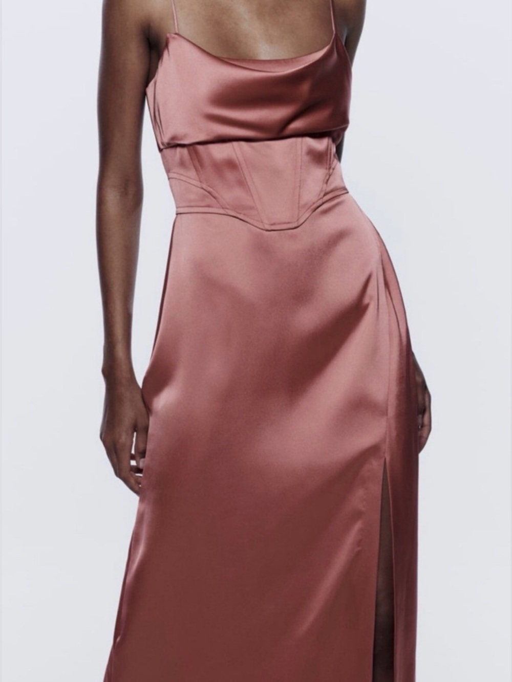 Zara Corsetry Satin Slip Midi Dress with Side Slit in Rose Dust EUC Size Small - Picture 2 of 12